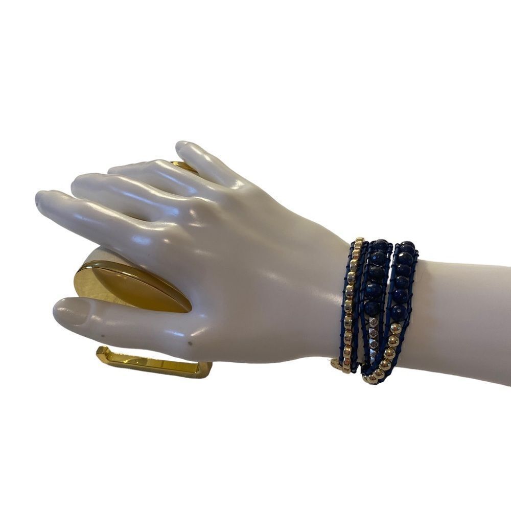 Beaded Blue, Gold & Silver Leather Wraparound Bracelet